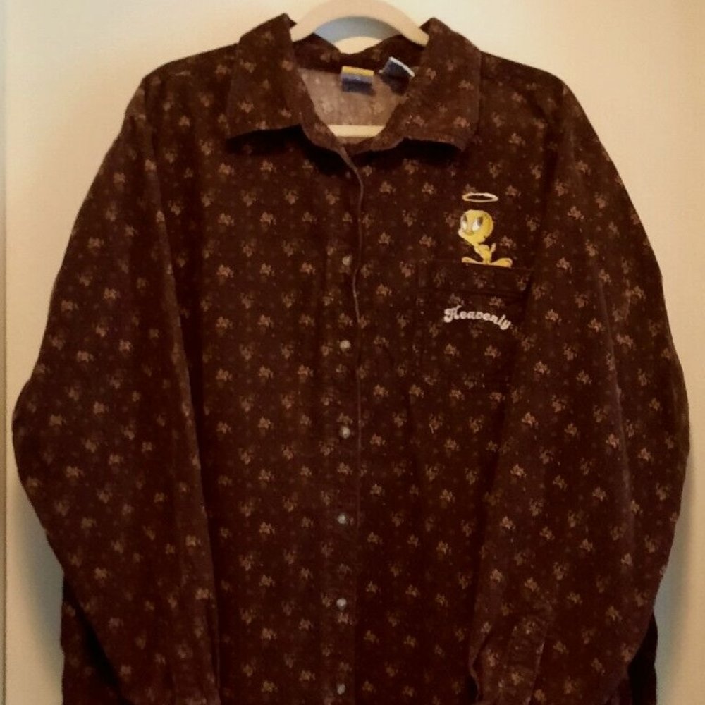 Vintage Tweety Bird Shirt Womens 26W/28W Corduroy Button Up Long Sleeve Ladies